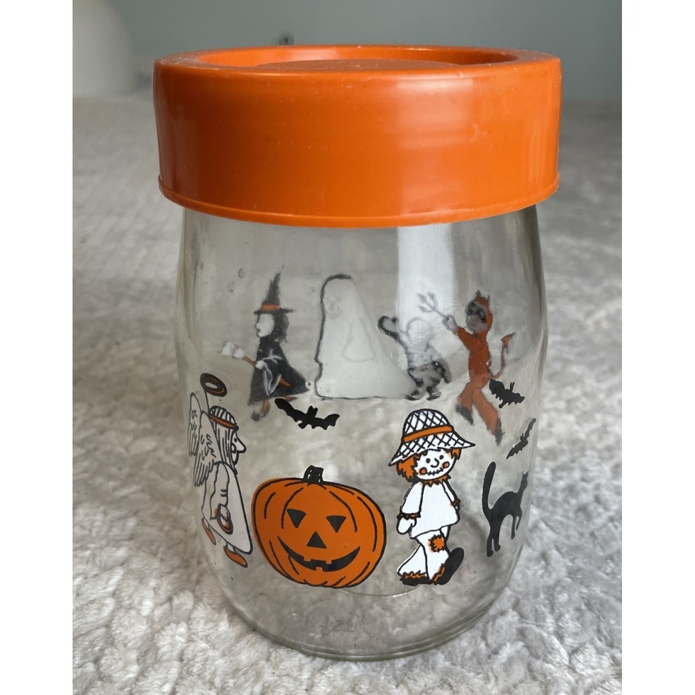 Vintage‎ Carlton Glass Halloween Candy Jar Pumpkin Trick Or Treaters 1 Liter